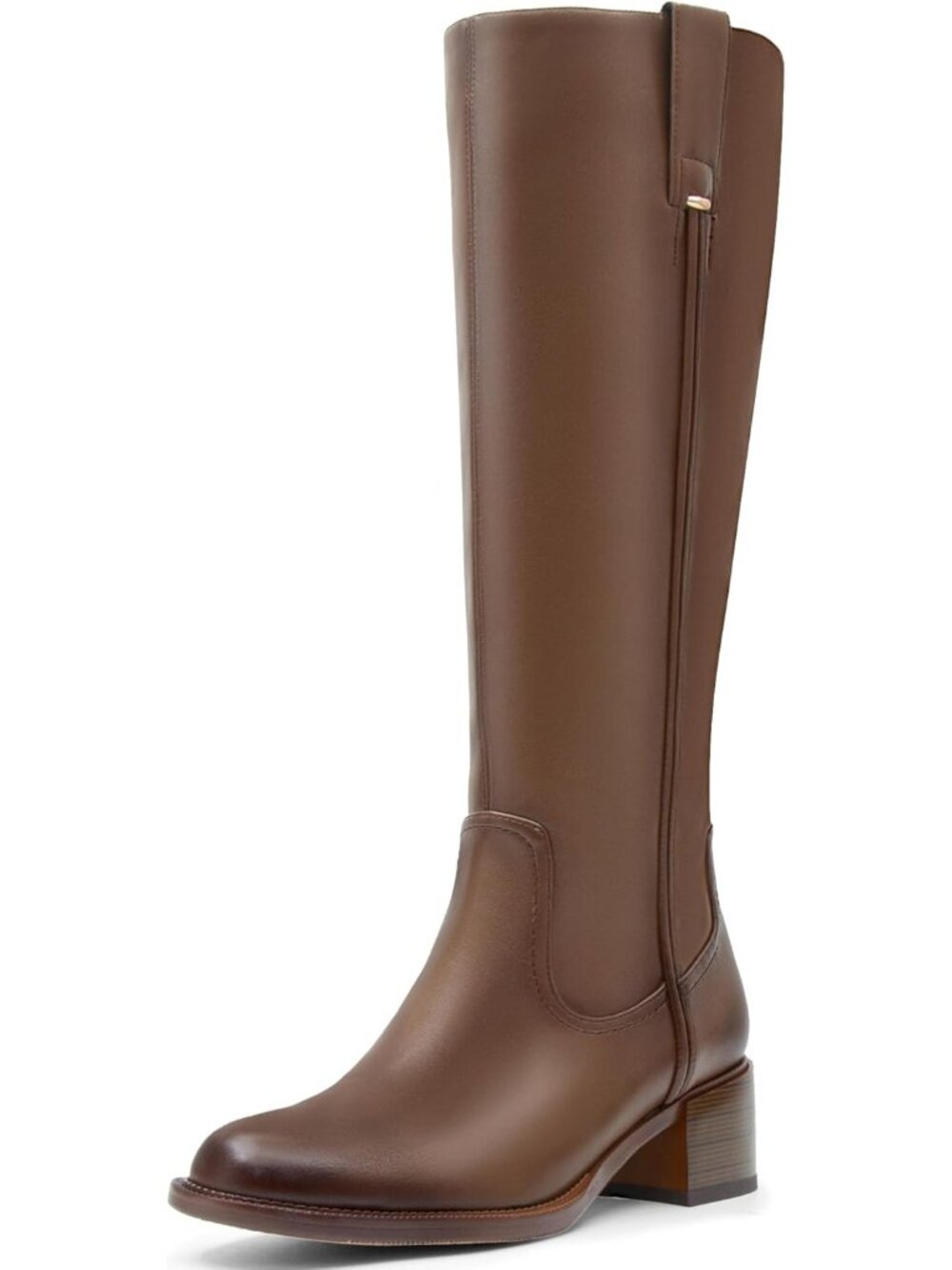 Women's Khaki Knee High Boots Chunky Heel Tall Riding Boots Leather Round Toe